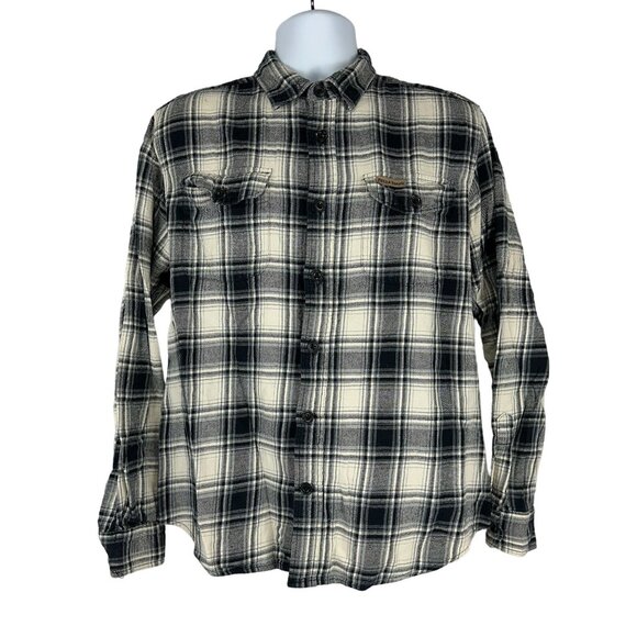 Field & Stream Mens XL Button Up Plaid Flannel Shirt Cotton Black Beige Casual - Picture 1 of 6
